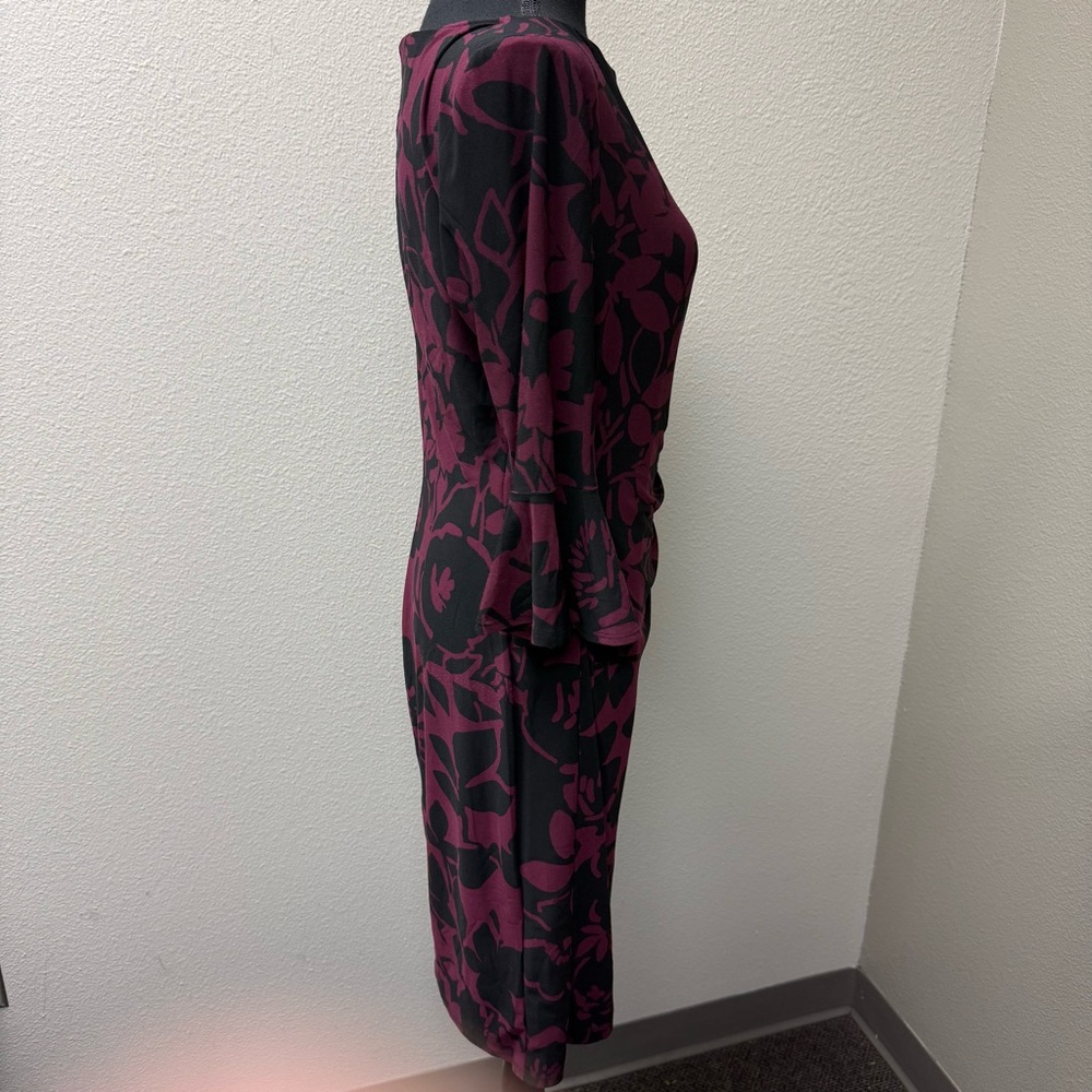 Lauren Ralph Lauren Black Burgundy Floral Ruched Sheath Dress Size 10 - Picture 7 of 10